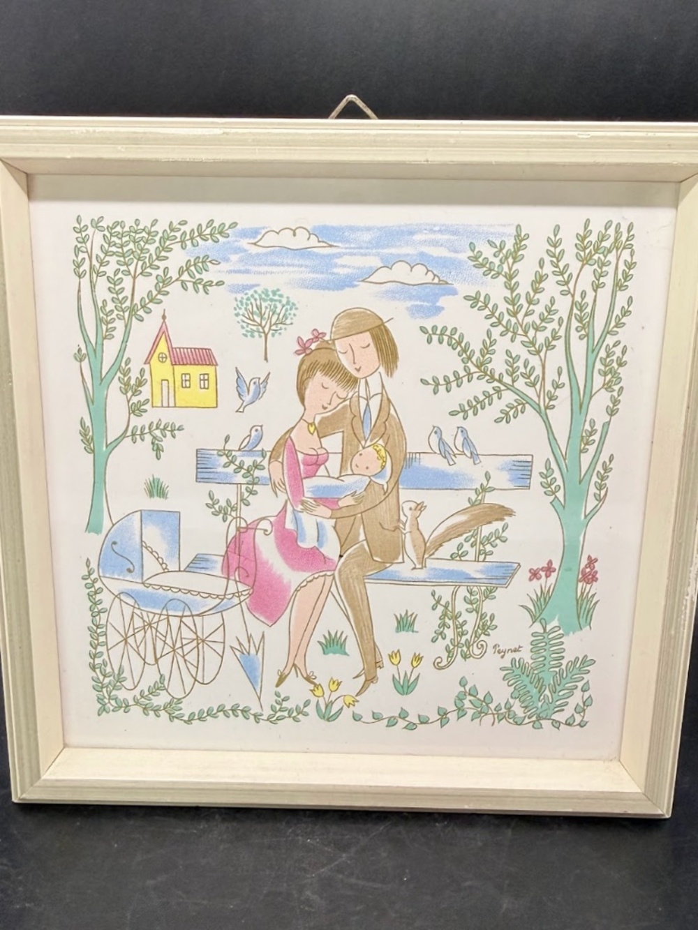 Vintage Raymond Peynet Rosenthal MCM Decorative Ceramic Tile Frame Pastel Family